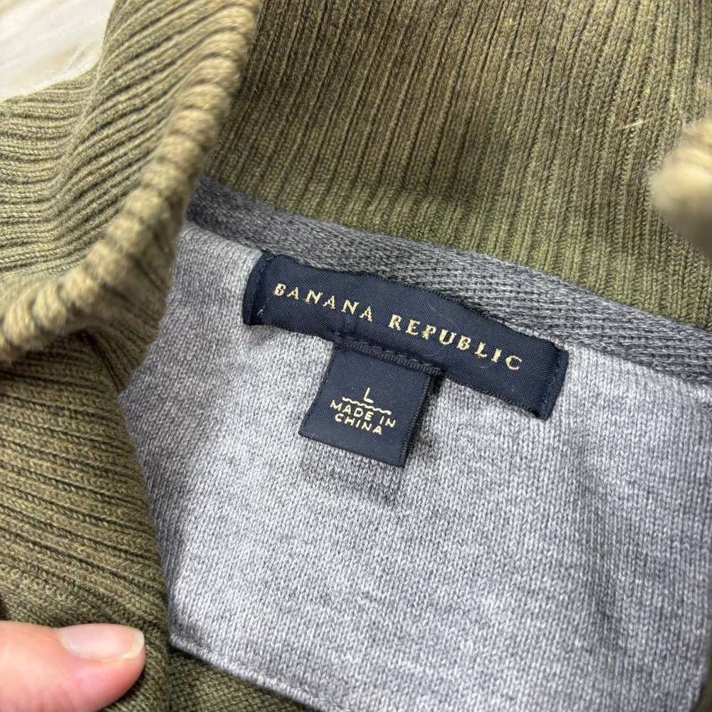 Banana Republic Men's L Green Henley Mock Neck Sweater Cotton Preppy Academia